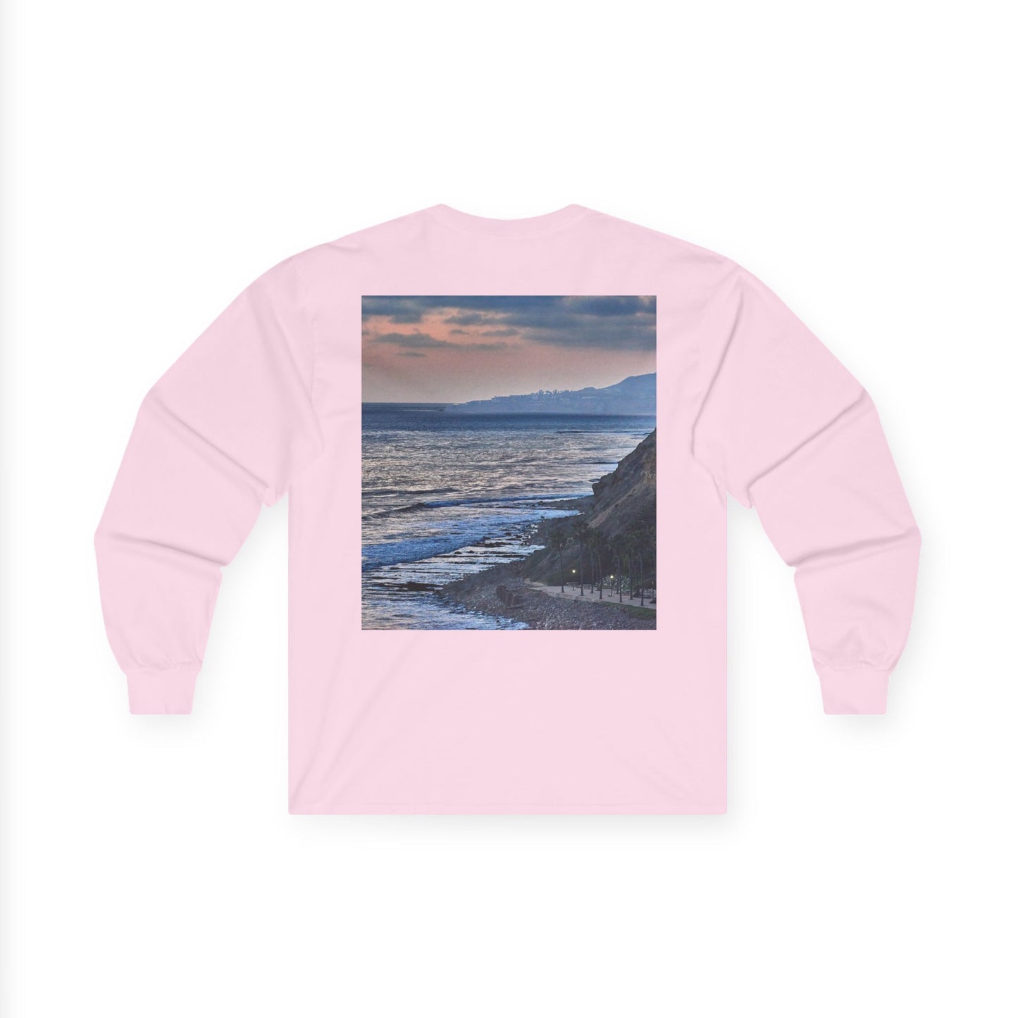 Coastal Sunset Palm Tee — Front & Back Beach Photo Long Sleeve
