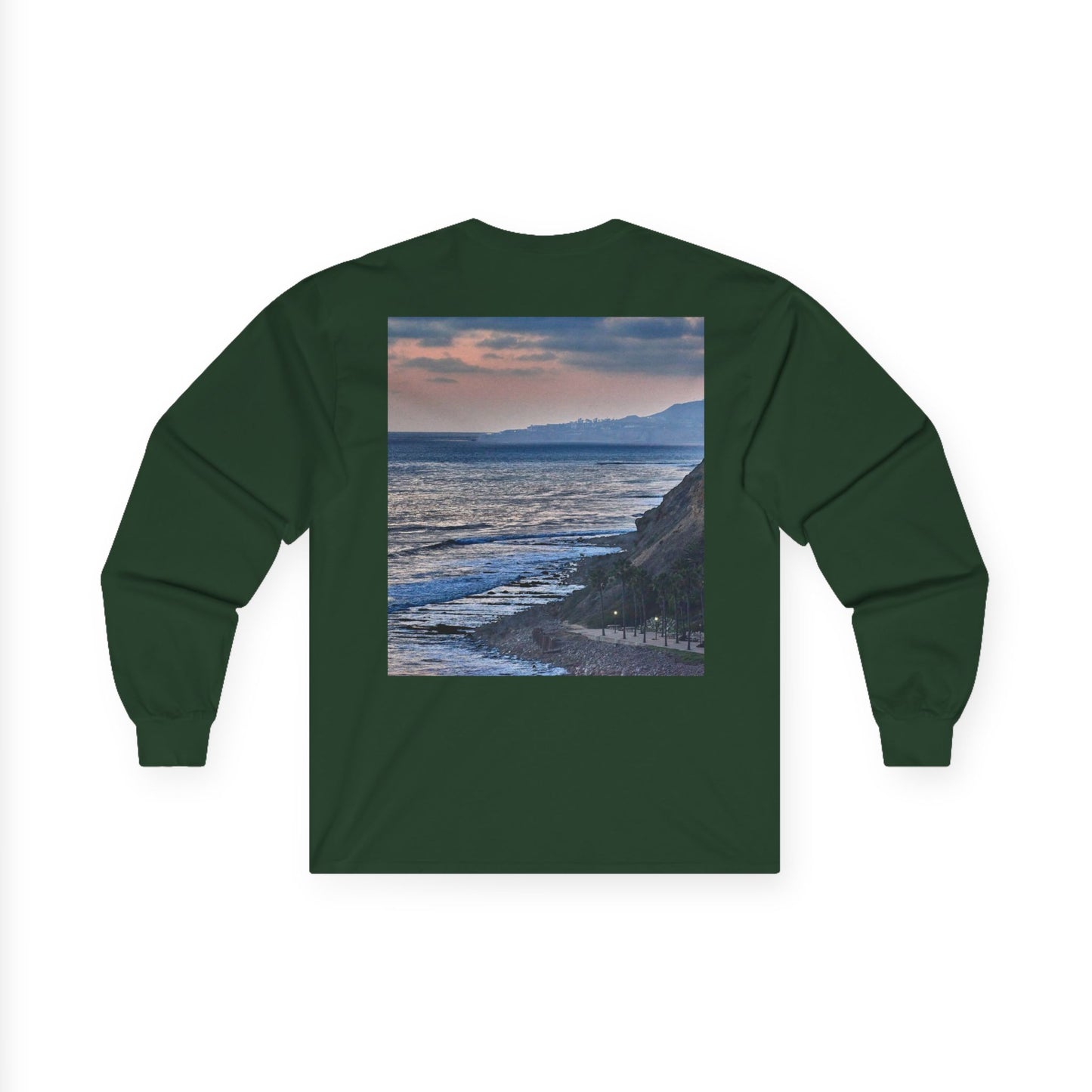 Coastal Sunset Palm Tee — Front & Back Beach Photo Long Sleeve