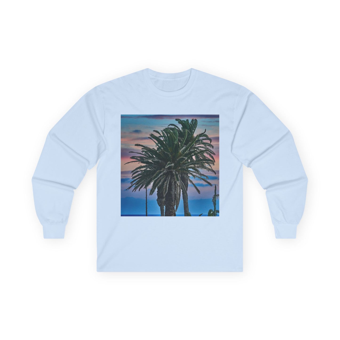 Coastal Sunset Palm Tee — Front & Back Beach Photo Long Sleeve