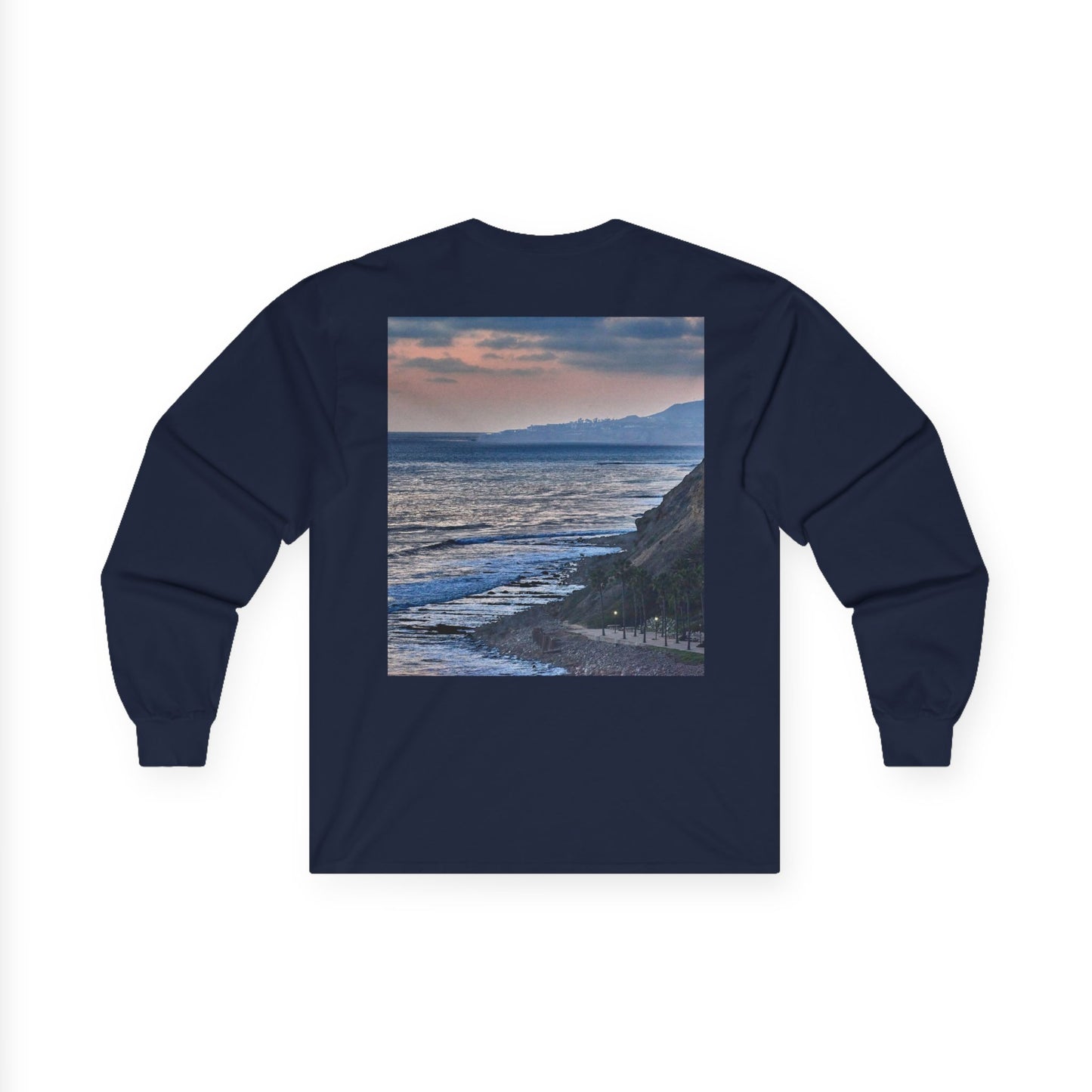Coastal Sunset Palm Tee — Front & Back Beach Photo Long Sleeve