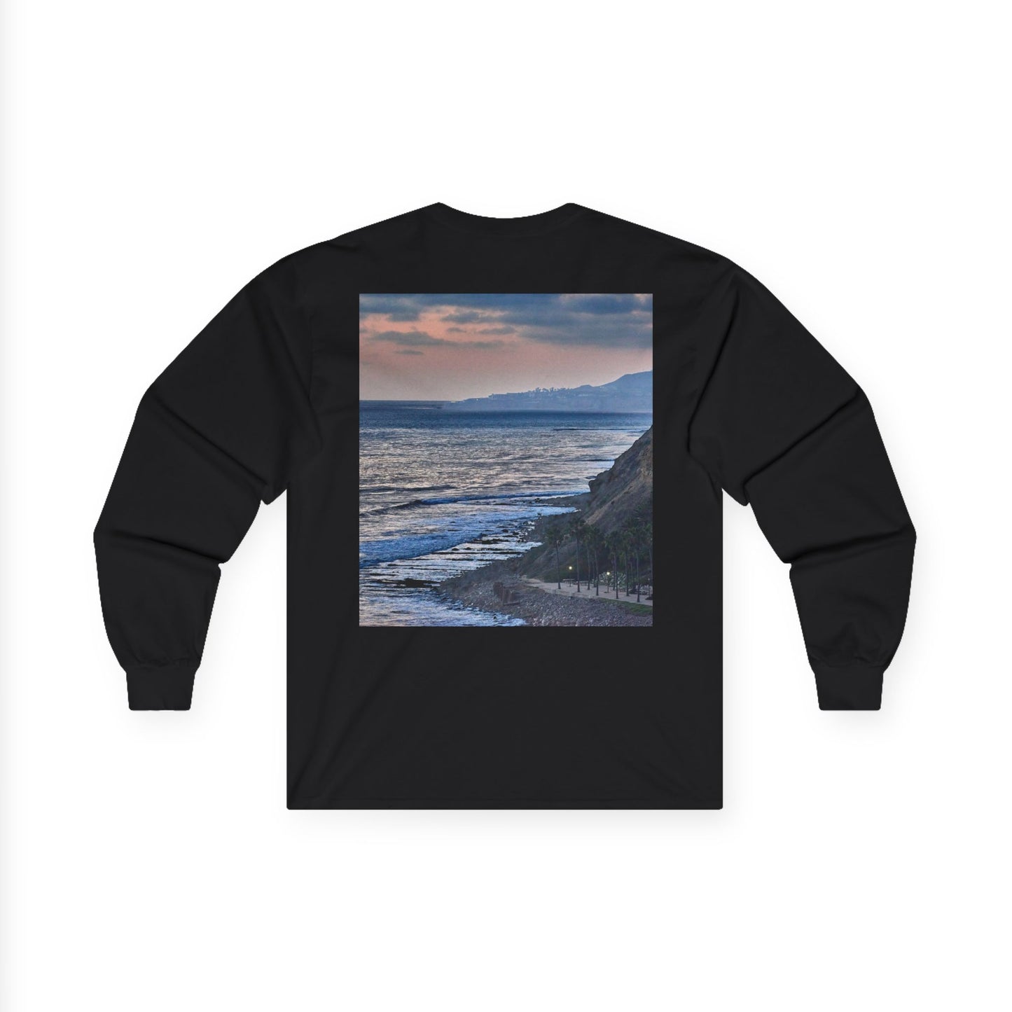 Coastal Sunset Palm Tee — Front & Back Beach Photo Long Sleeve