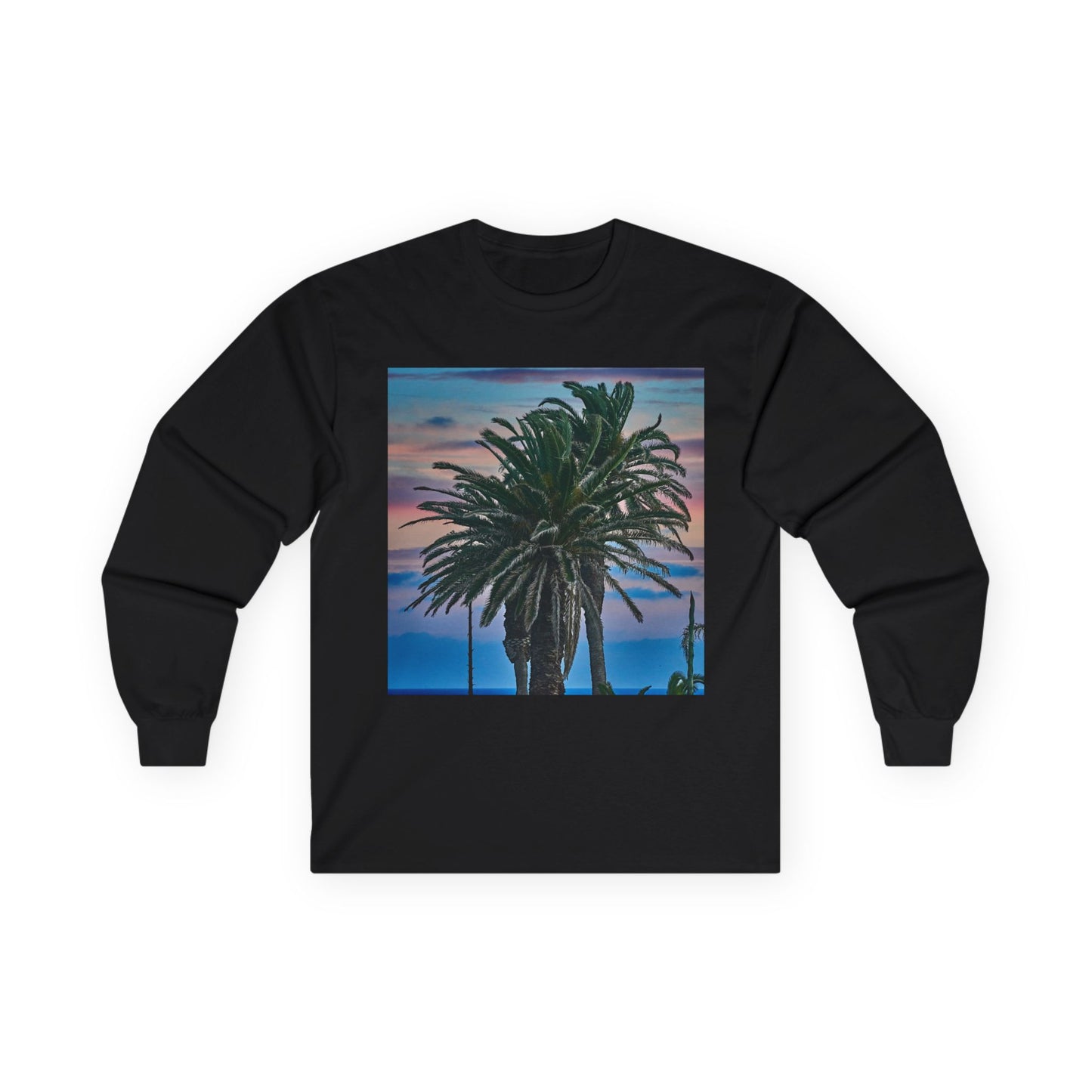 Coastal Sunset Palm Tee — Front & Back Beach Photo Long Sleeve
