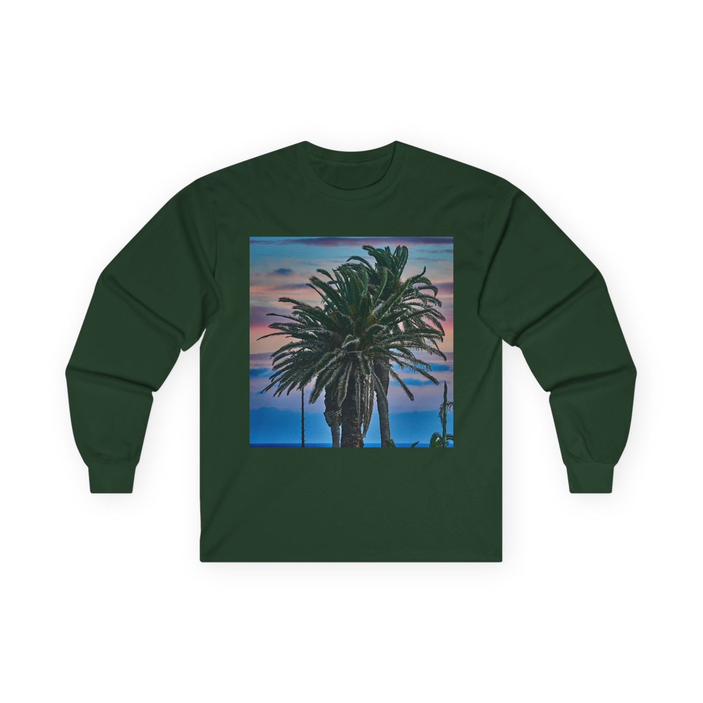 Coastal Sunset Palm Tee — Front & Back Beach Photo Long Sleeve