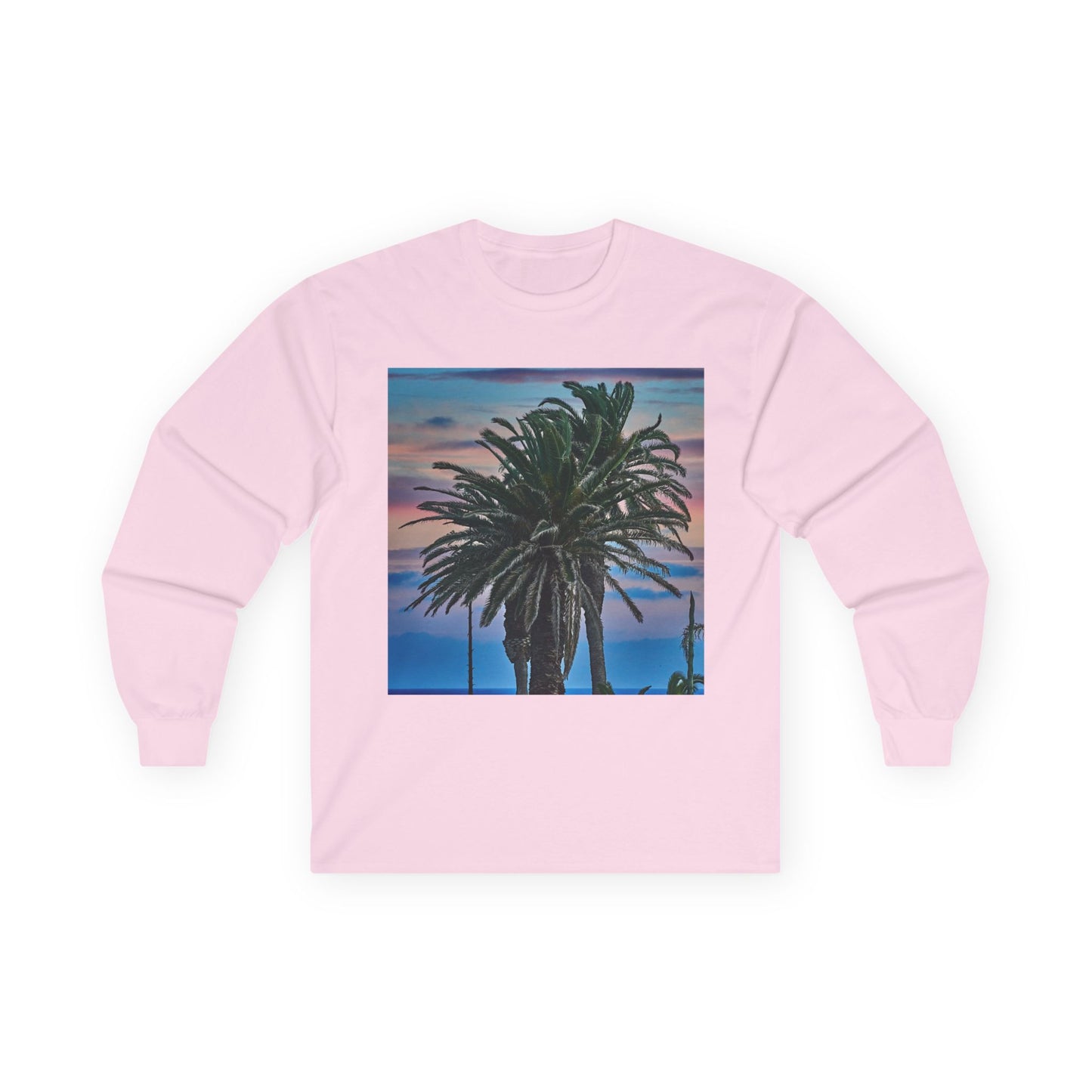 Coastal Sunset Palm Tee — Front & Back Beach Photo Long Sleeve