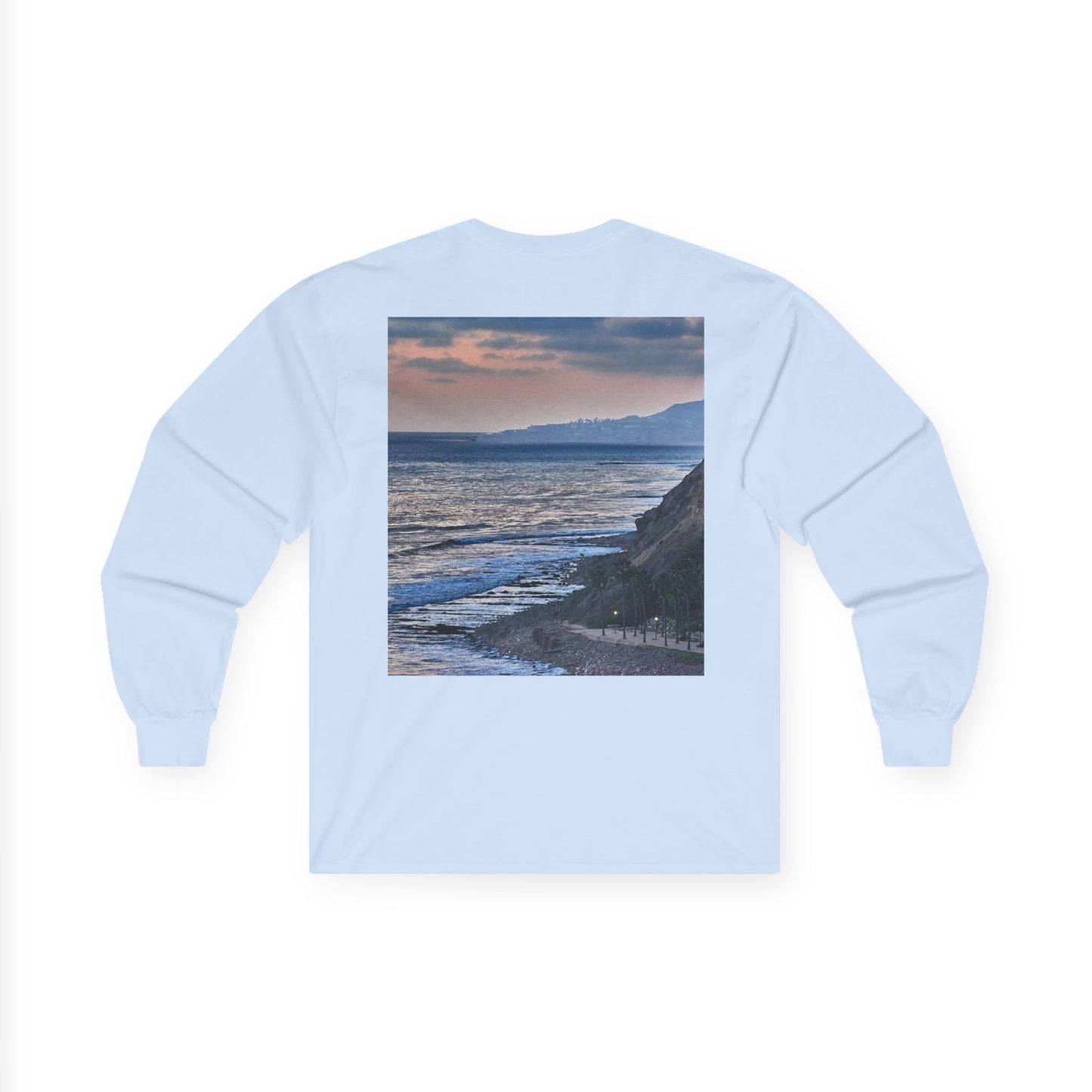 Coastal Sunset Palm Tee — Front & Back Beach Photo Long Sleeve