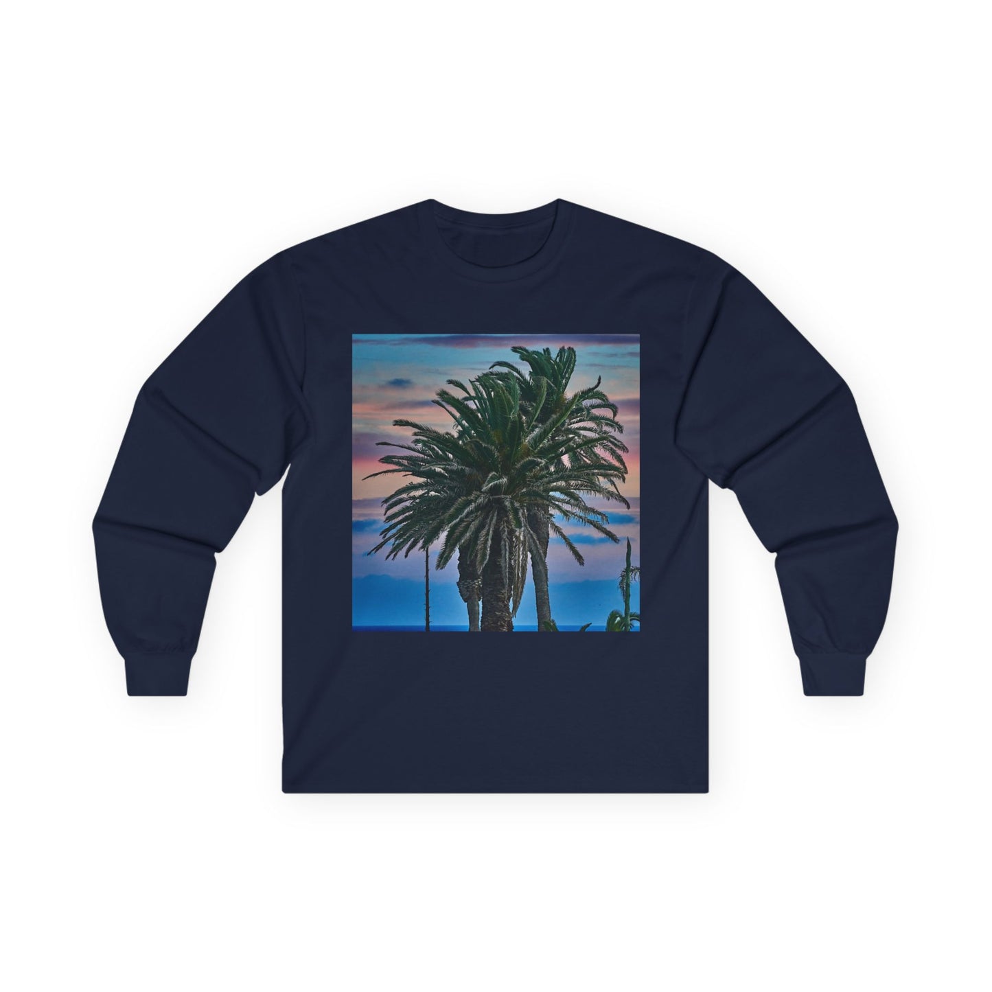 Coastal Sunset Palm Tee — Front & Back Beach Photo Long Sleeve